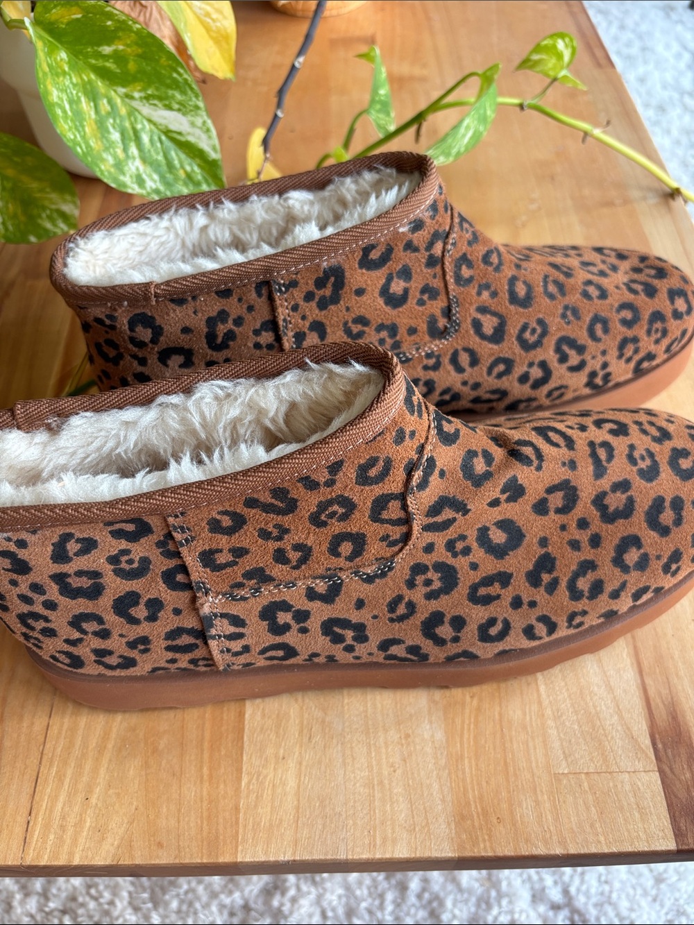 Leopard Print Faux Fur Lined Slip-On Booties - Brown